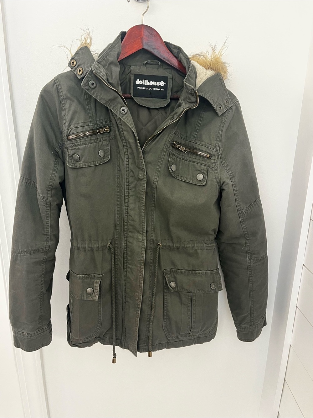Dollhouse Olive Green Faux Fur Trim Hooded Utility Parka Jacket - Size L